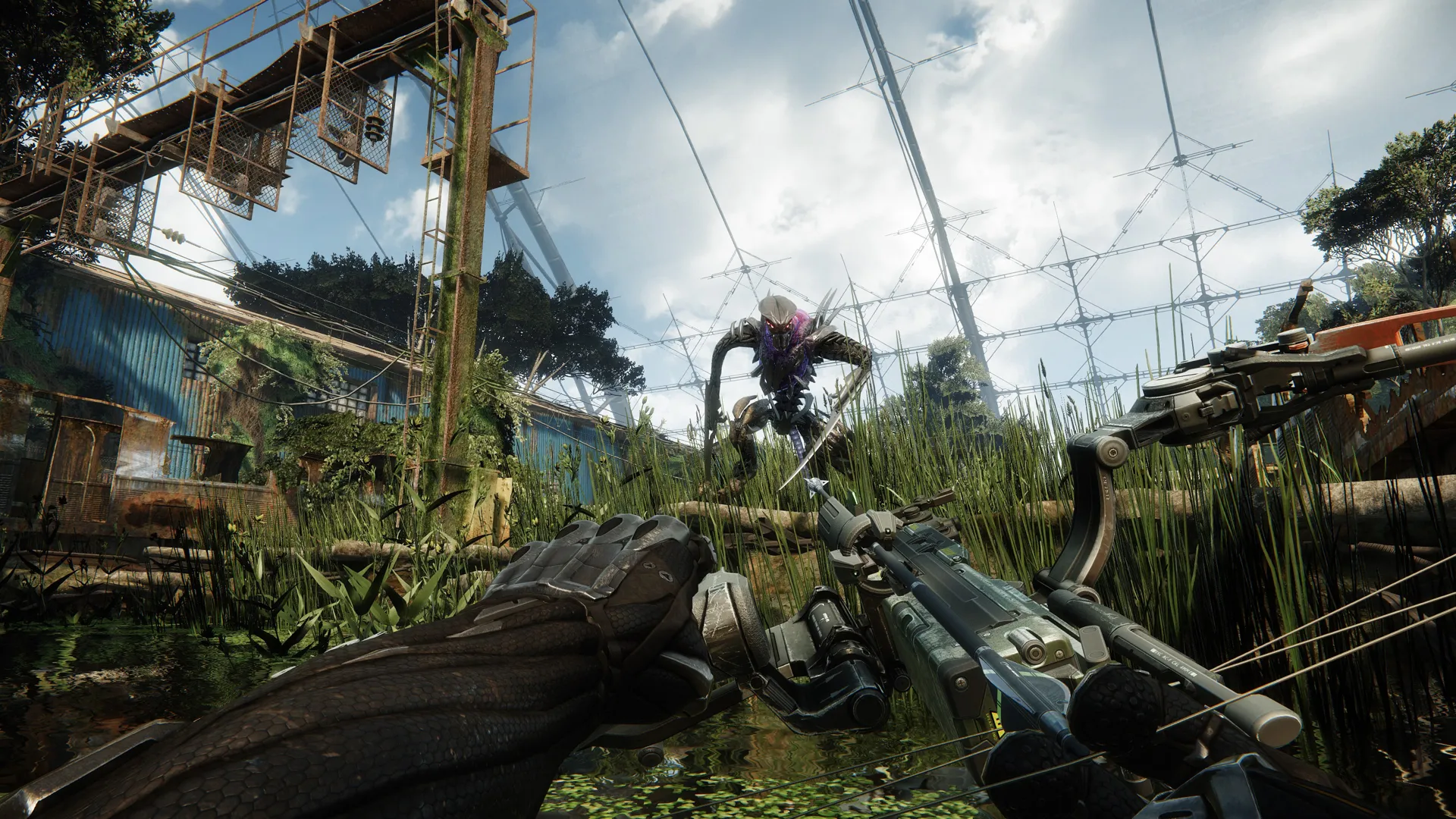 Captura Crysis 3 Remastered – Personaje Con Arco Entre Cables En Un Entorno Selvatico