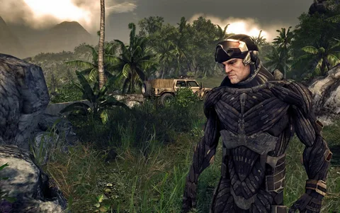 Captura Crysis Remastered Trilogy – Hombre Con Visor Tactico En Una Colina Al Atardecer