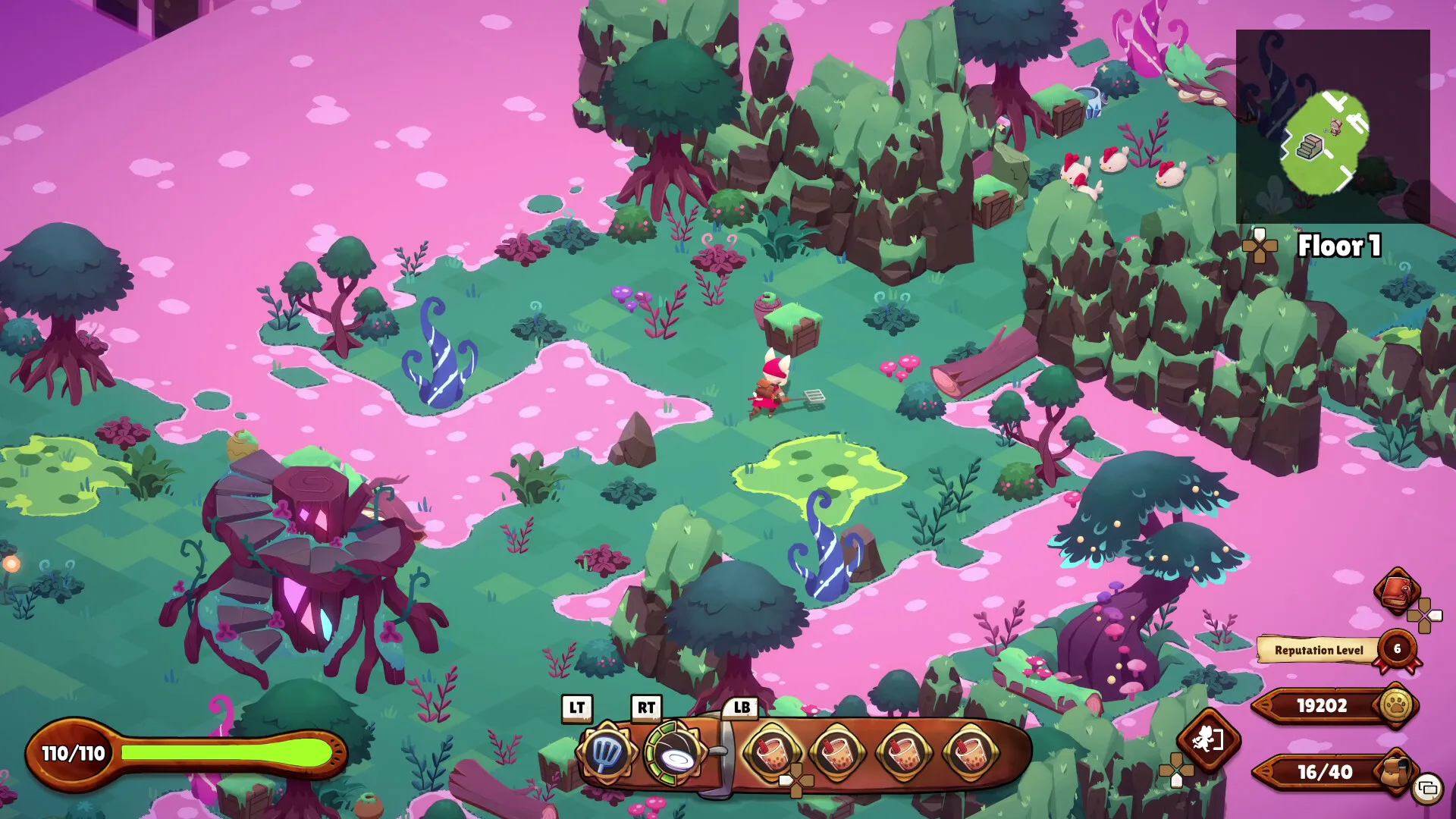 Captura Cuisineer Terreno Fucsia Con Enemigos Y Arboles Bajo Una Interfaz RPG