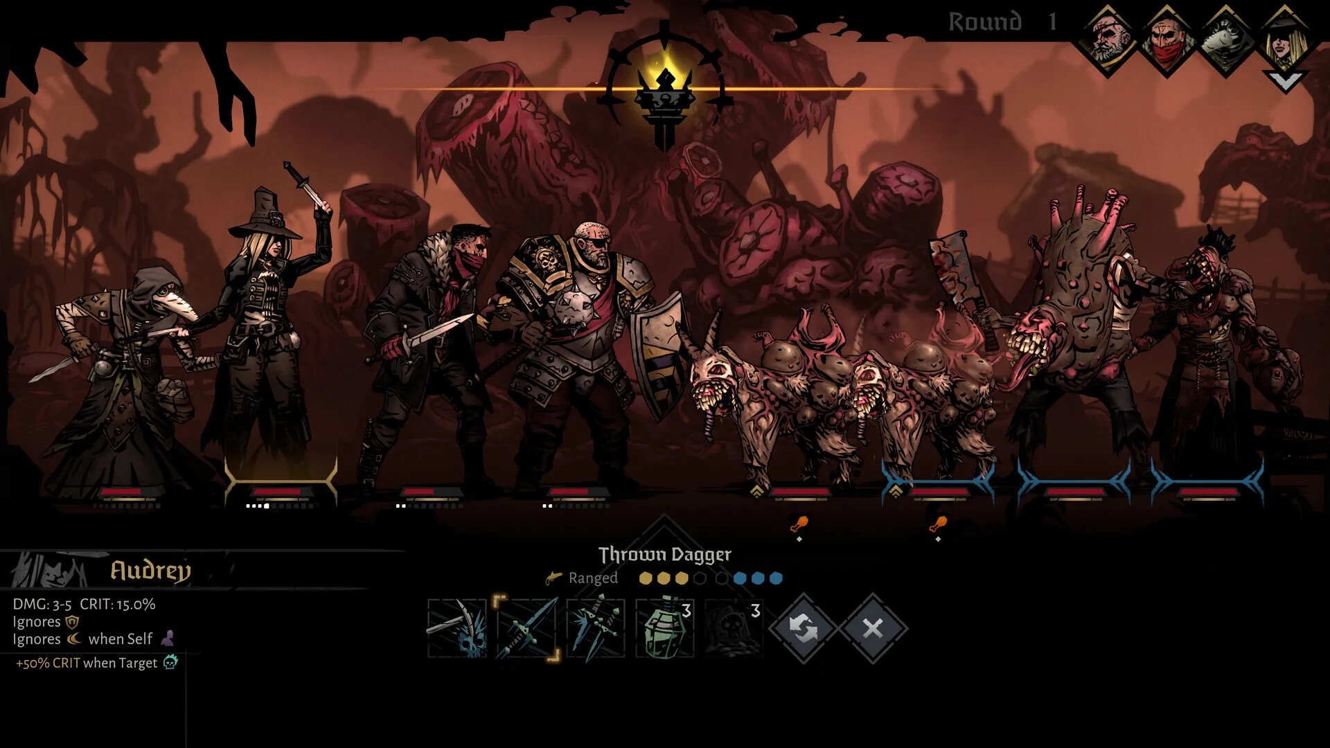 Captura Darkest Dungeon – Grupo De Heroes Enfrentando Criaturas Oscuras En Una Mazmorra Rojiza