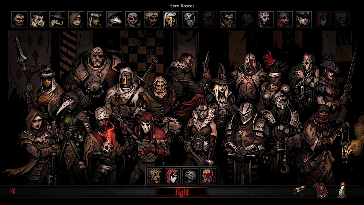 Captura Darkest Dungeon – Reunion De Personajes Seleccionables Sobre Un Fondo Tenebroso
