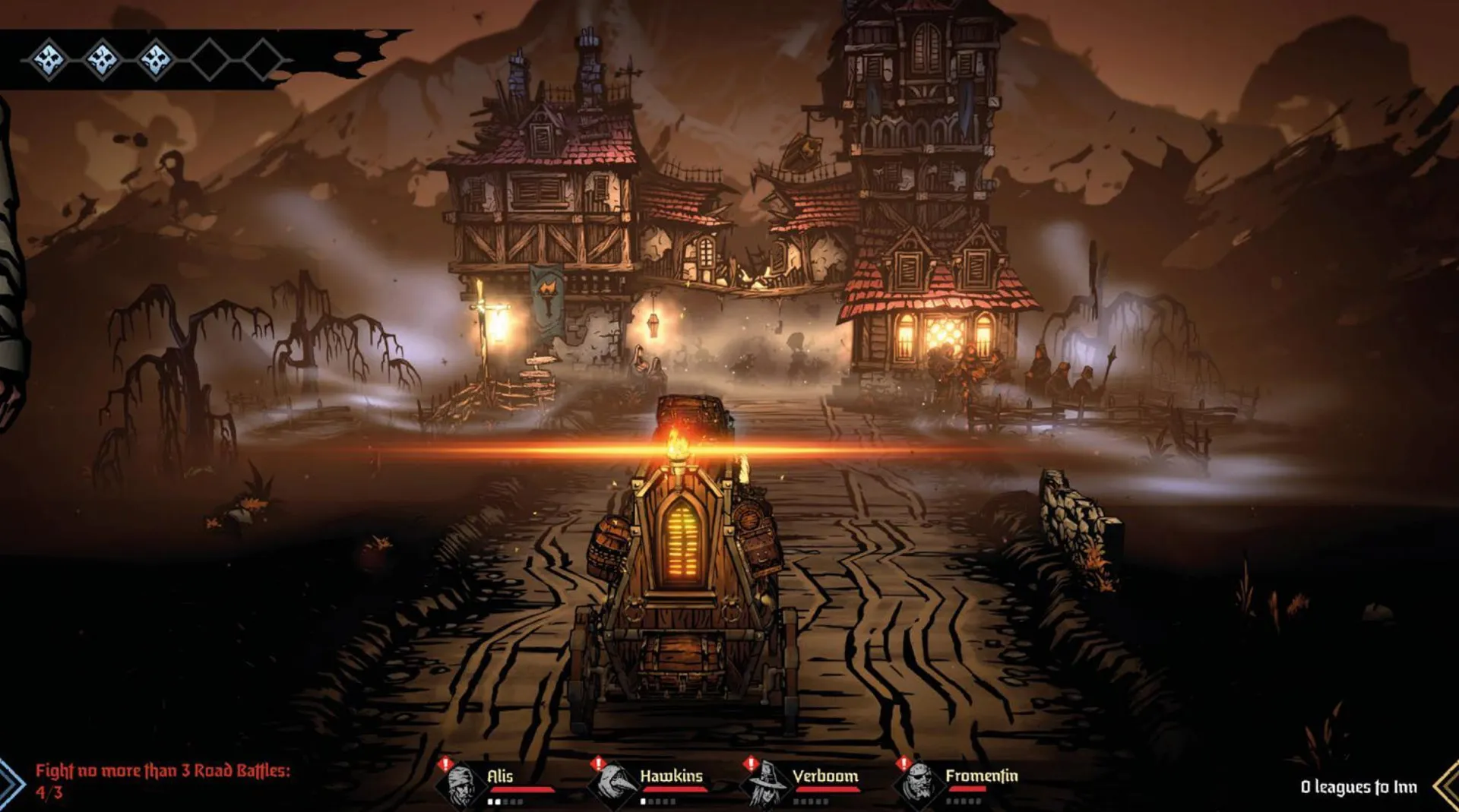 Captura Darkest Dungeon – Vista Frontal Del Campamento En Ruinas Con Antorchas Encendidas