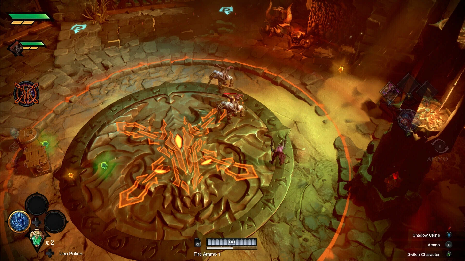 Captura Darksiders Genesis – Enfrentamiento En Arena Circular Con Criaturas En Llamas