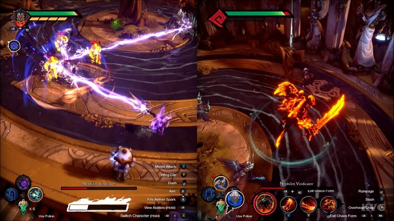 Captura Darksiders Genesis – Personajes Atacando Con Poderes En Pasillo Cerrado