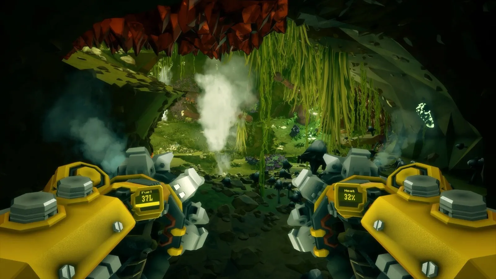 Captura Deep Rock Galactic Deluxe Edition – Vista En Primera Persona Con Armas Apuntando A Una Caverna Verde