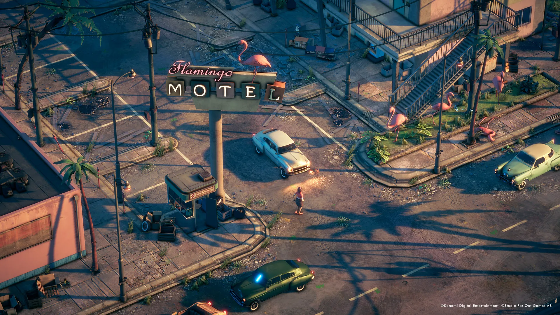 Captura Deliver At All Costs – Vista Aerea De Un Motel Con Autos Estacionados Y Luces De Neon