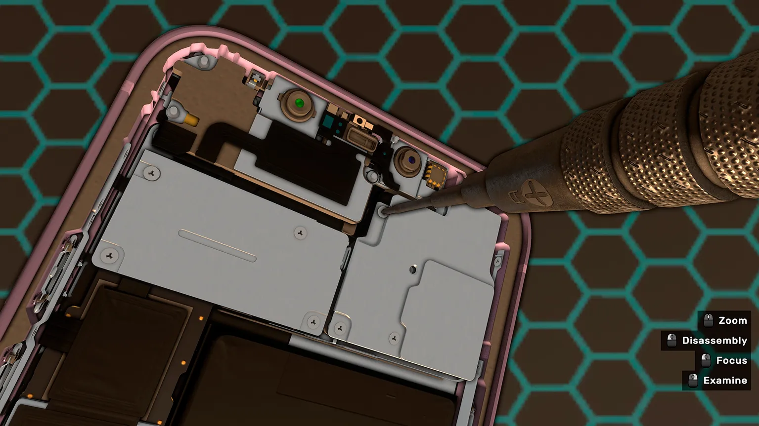 Captura Device Doctor Simulator 24 – Primer Plano Del Interior De Un Telefono Con Un Taladro Sobre El Circuito
