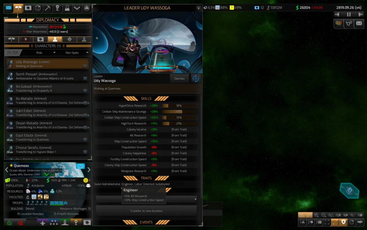 Captura Distant Worlds 2 Menu De Recursos Y Detalles De Imperio Junto A Mapa Estelar En Pantalla Dividida