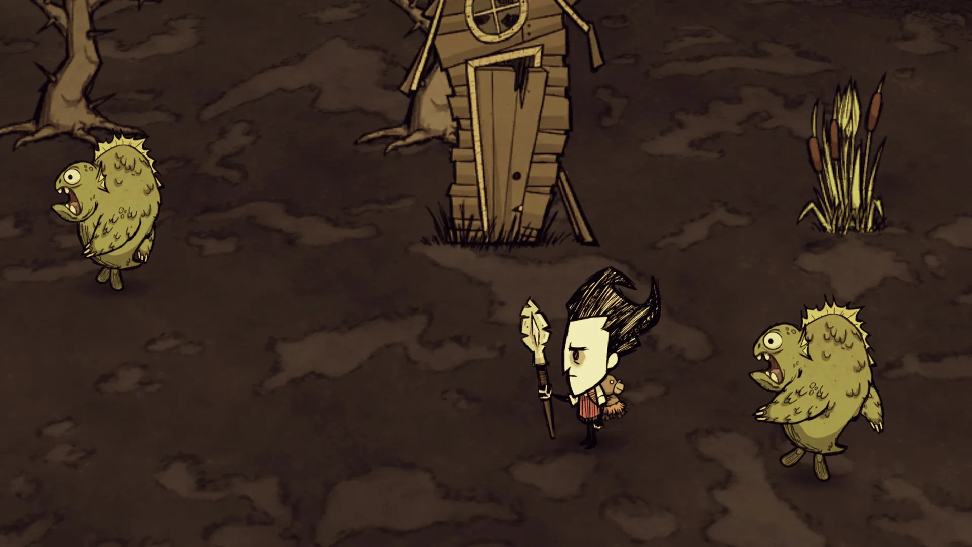 Captura Dont Starve – Personaje En Un Terreno Pantanoso Con Criaturas A Su Alrededor