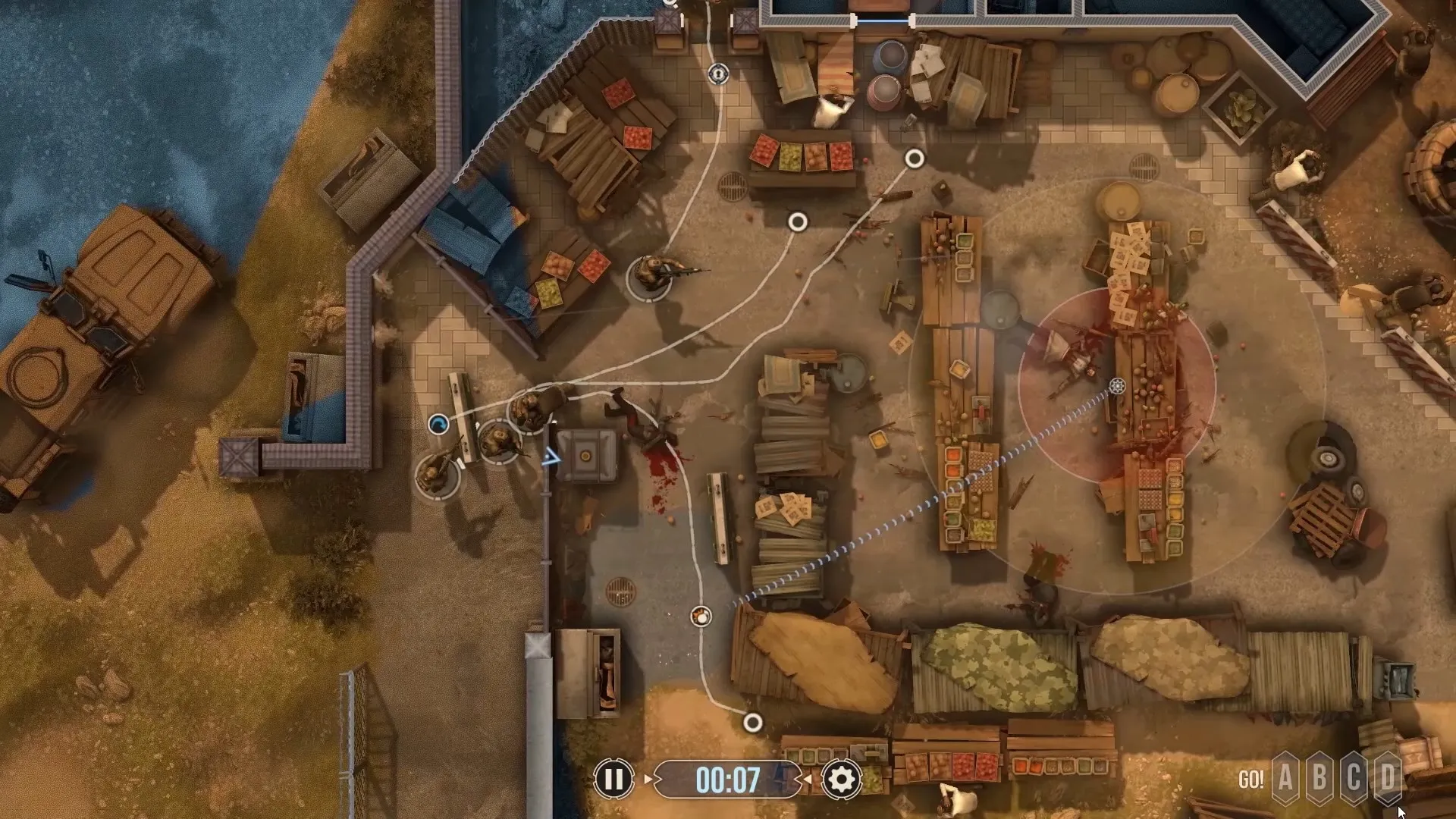 Captura Door Kickers 2 – Mapa Con Rutas Sobre Un Complejo Con Barricadas Y Contenedores