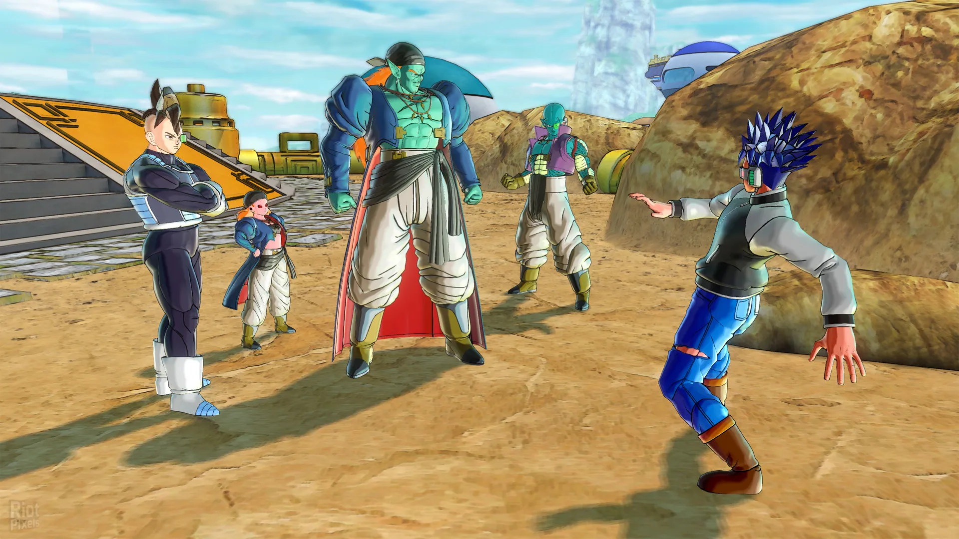 Captura Dragon Ball Xenoverse 2 – Combate Grupal En Una Explanada Con Varios Luchadores