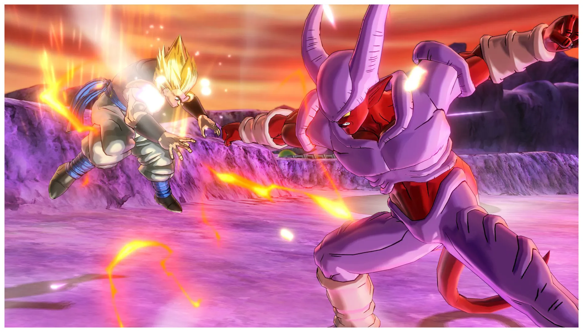 Captura Dragon Ball Xenoverse 2 – Lucha Entre Personajes Sobre Fondo Purpura Y Rayos De Energia