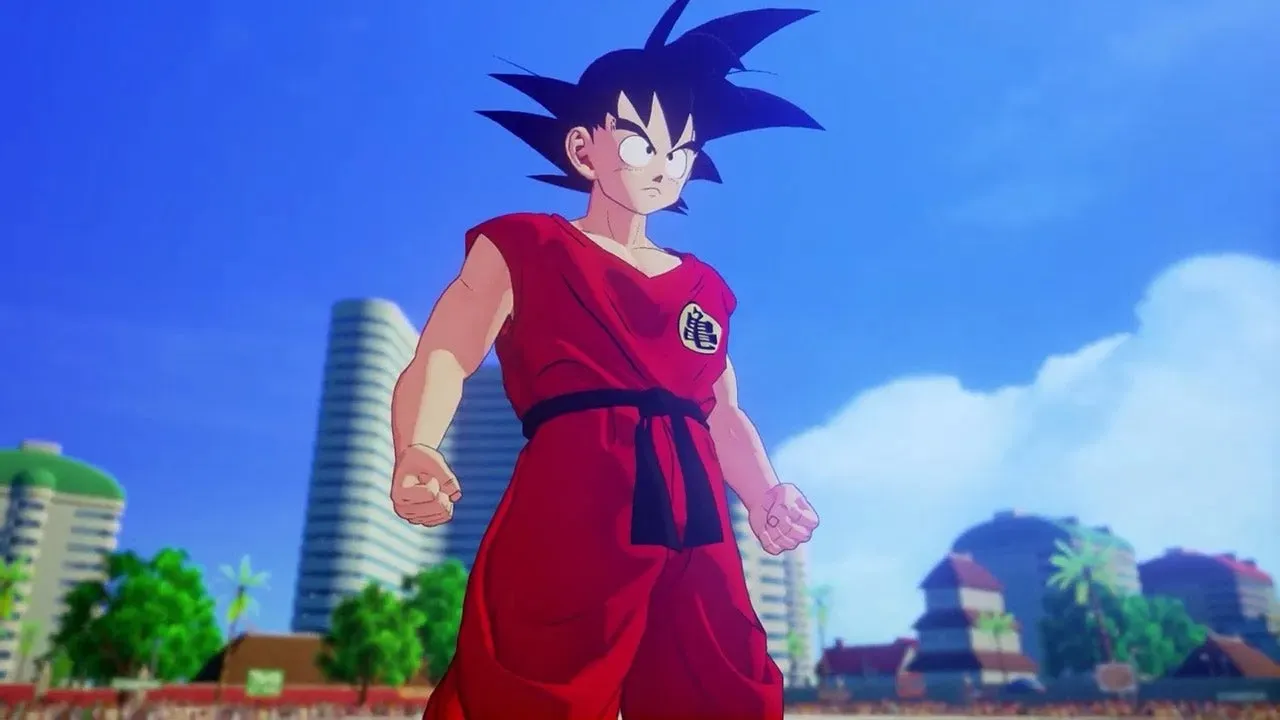 Captura Dragon Ball Z Kakarot – Goku Camina Tranquilo Con Edificios Y Cielo Despejado De Fondo