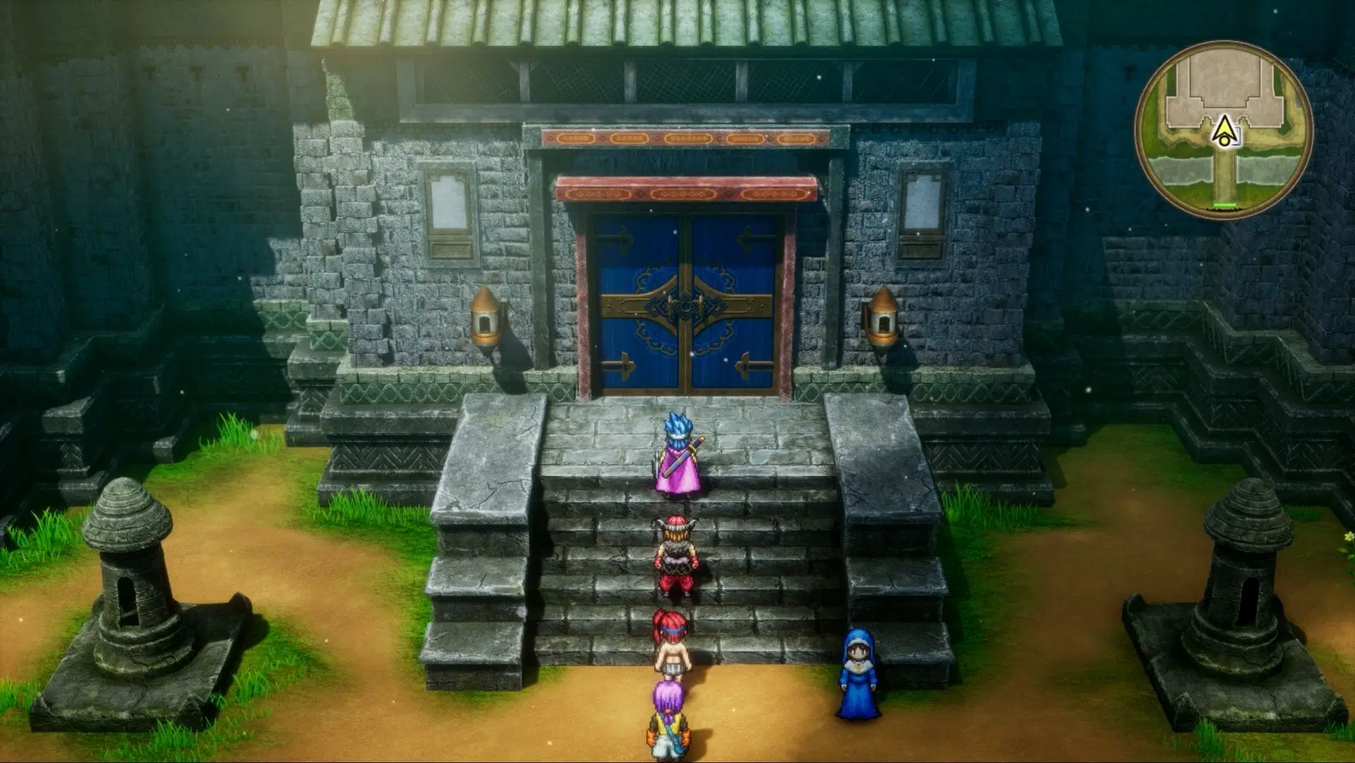 Captura Dragon Quest III HD 2D Remake – Personaje Frente A Un Templo De Piedra Con Puerta Azul