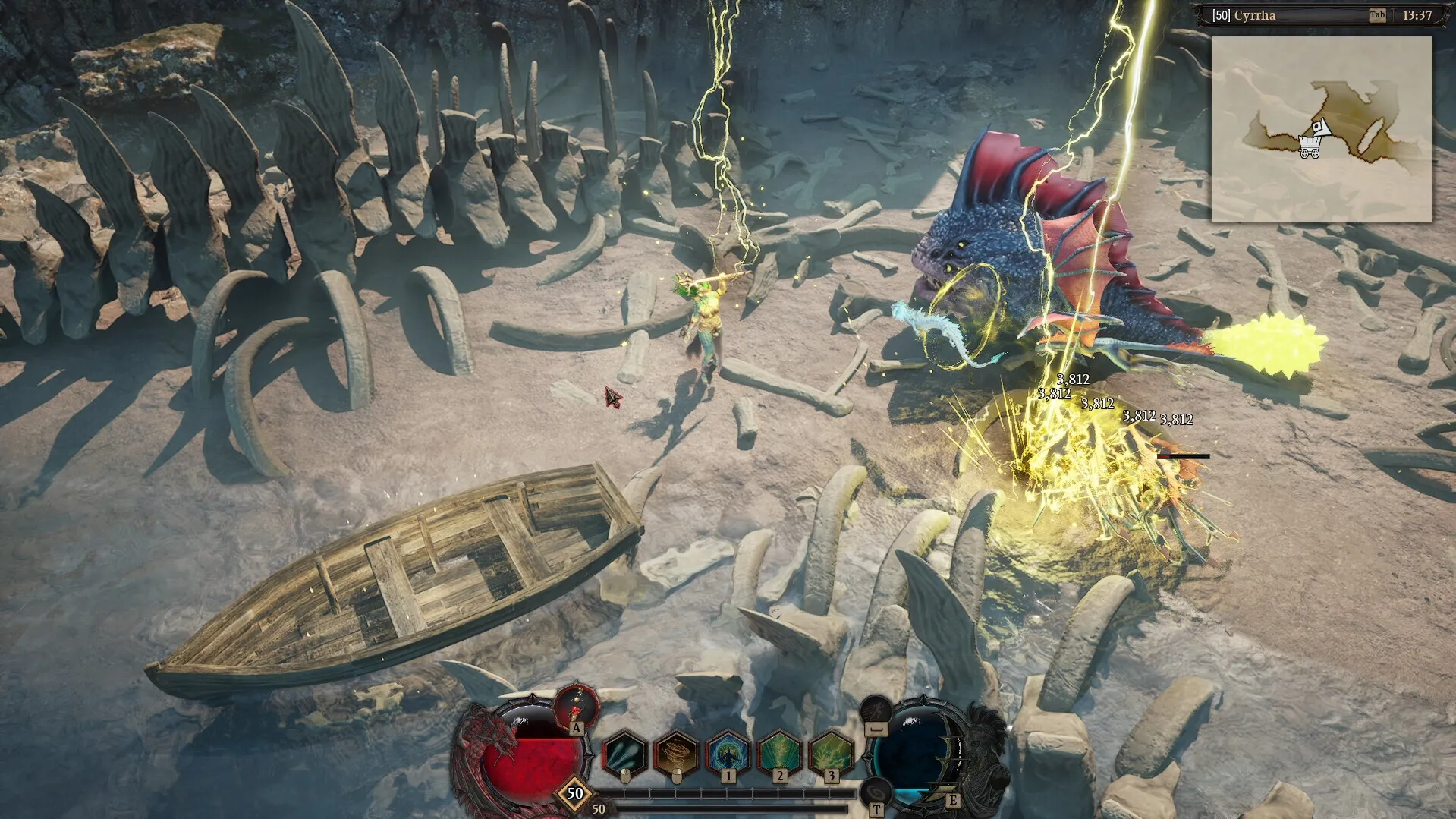 Captura Dragonkin The Banished – Escena De Combate Con Hechizos En Una Arena Rodeada De Huesos Gigantes