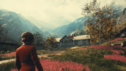 Captura Draugen Nino Camina Por Un Sendero Florido Hacia Una Casa Entre Las Montanas