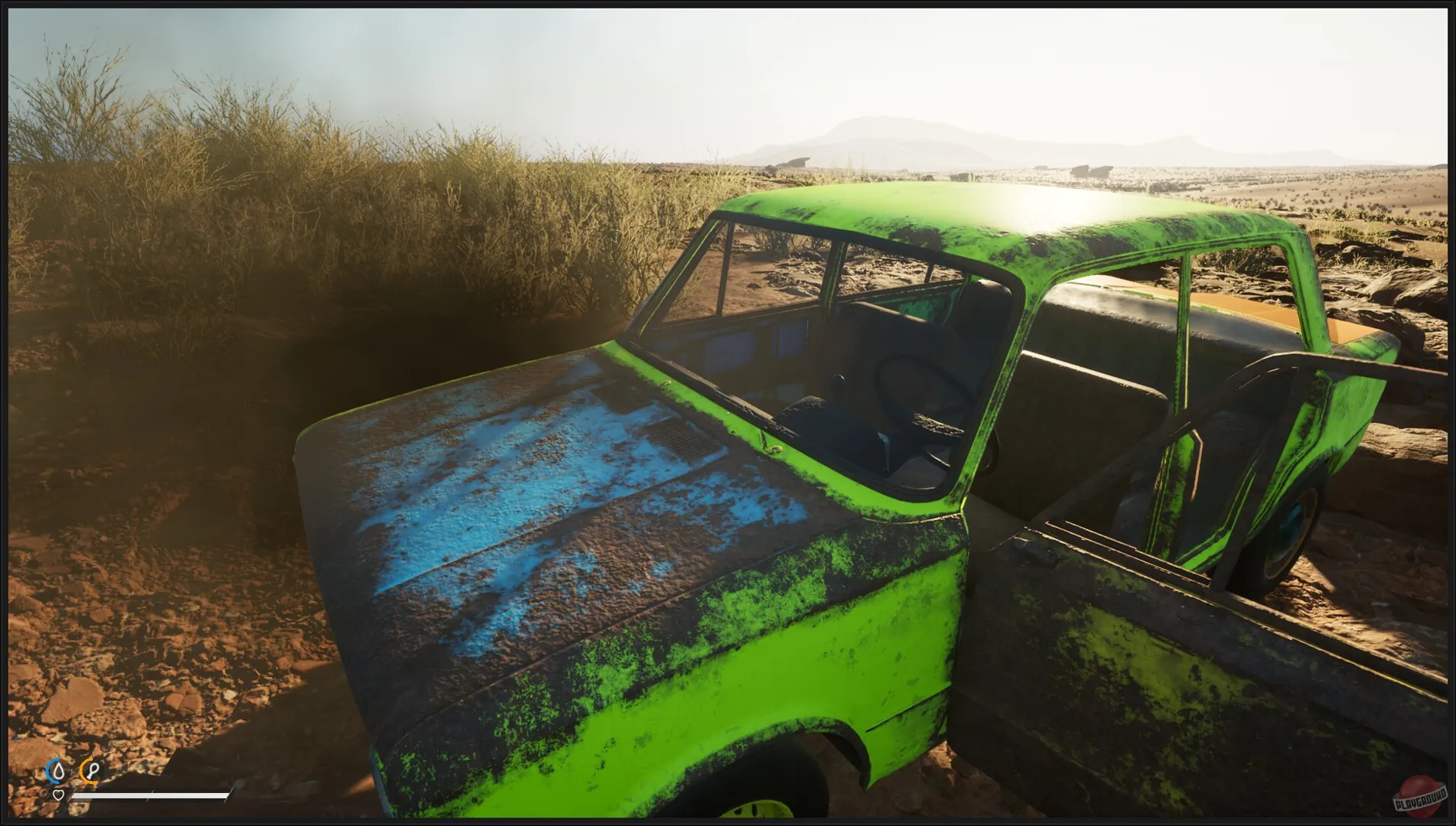 Captura Drive Beyond Horizons Coche Oxidado En Una Zona Rural Con Vegetacion Alta