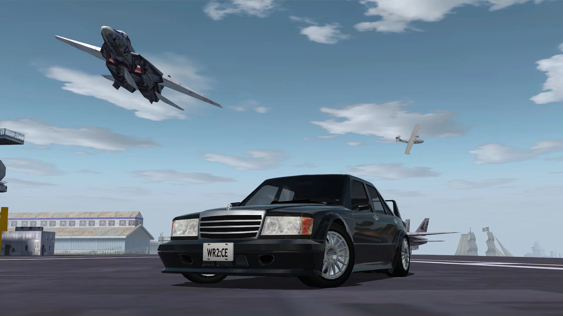 Captura Driving Speed 2 – Vehiculo Negro En Aeropuerto Con Jets Volando Sobre El Cielo
