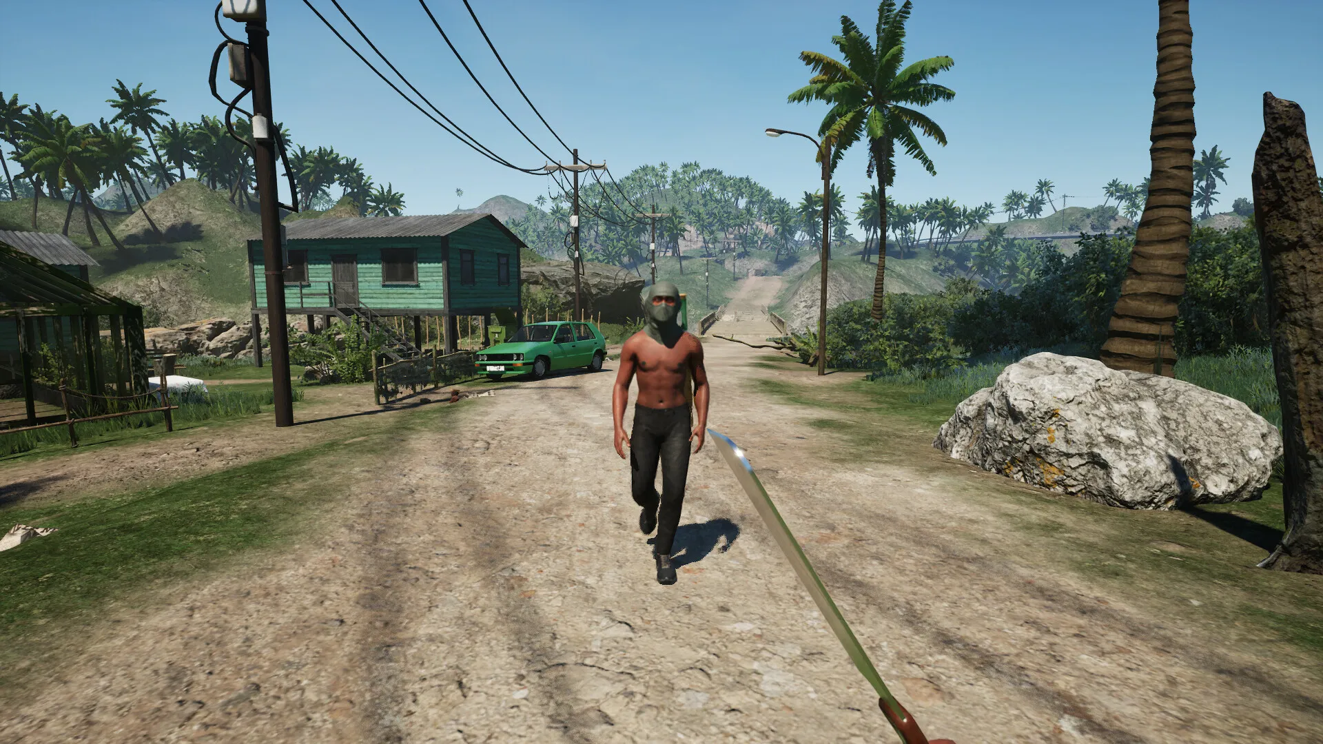Captura Drug Dealer Simulator 2 – Personaje Caminando Por Una Calle Rural Con Palmas Y Tendido Electrico