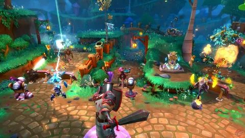 Captura Dungeon Defenders Escenario Nocturno Con Multiples Enemigos Y Rayos Magicos