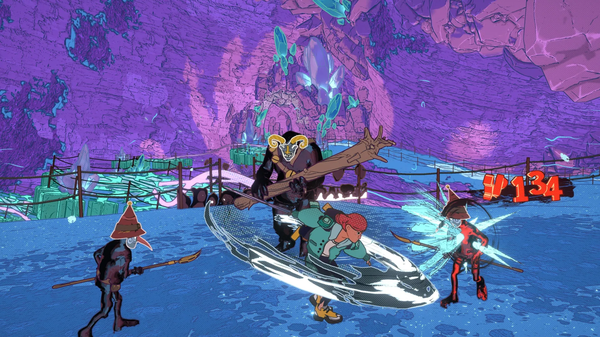 Captura Dungeons Of Hinterberg – Arena De Hielo Donde Varios Enemigos Se Enfrentan Con Rayos Congelantes