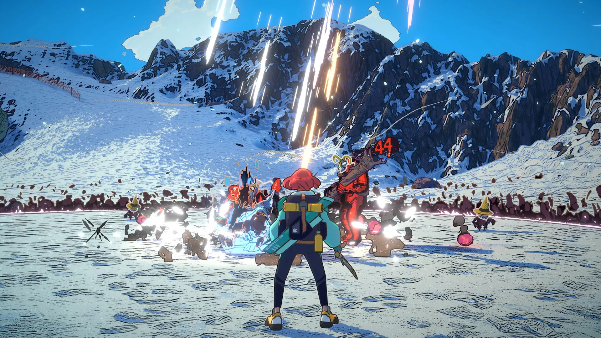 Captura Dungeons Of Hinterberg – Personaje Rodeado De Enemigos En Combate Sobre Un Campo Nevado