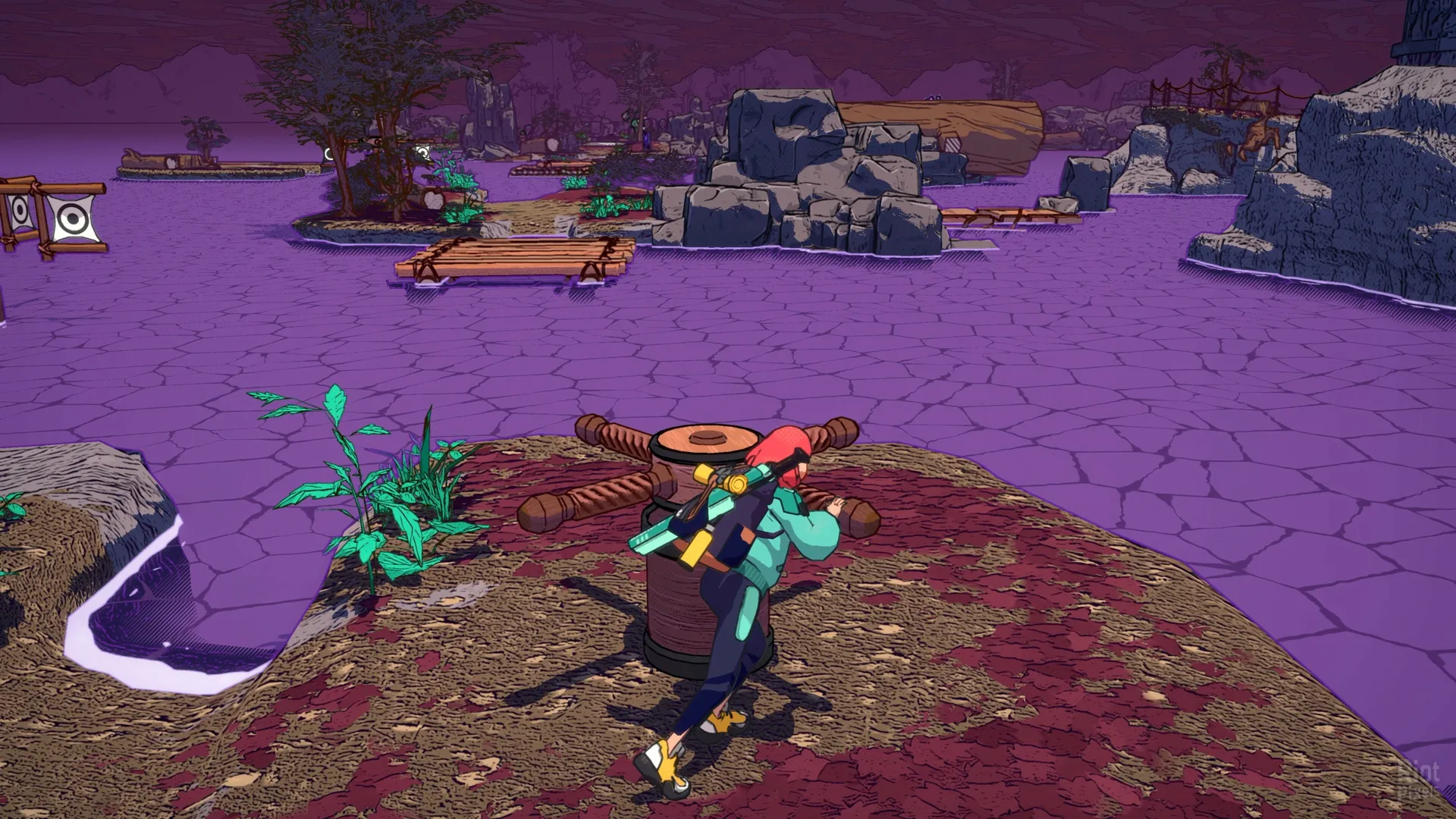 Captura Dungeons Of Hinterberg – Zona Montanosa De Color Violeta Con Personaje En Medio Del Escenario