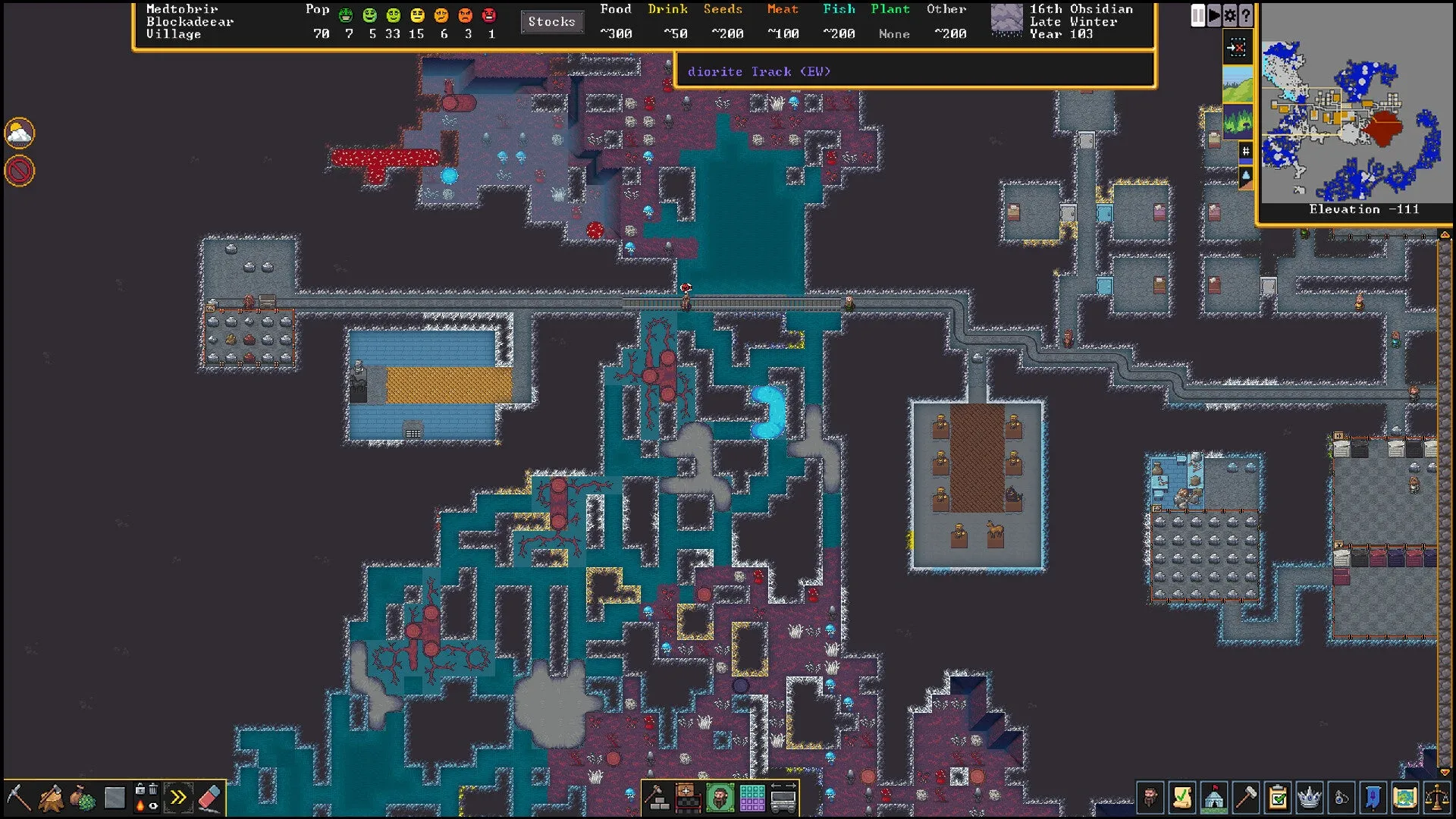 Captura Dwarf Fortress – Vista De Tuneles Y Salas Excavadas Bajo Tierra