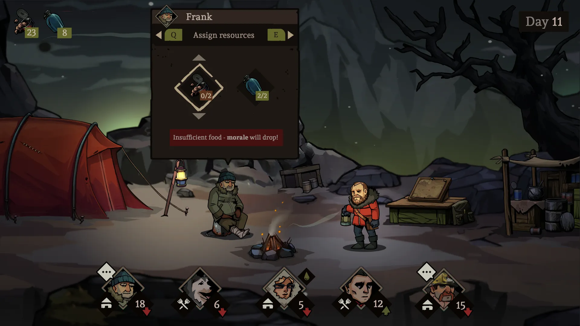 Captura Edge Of Sanity – Campamento Con Personajes Sentados Bajo Arboles Sombrios