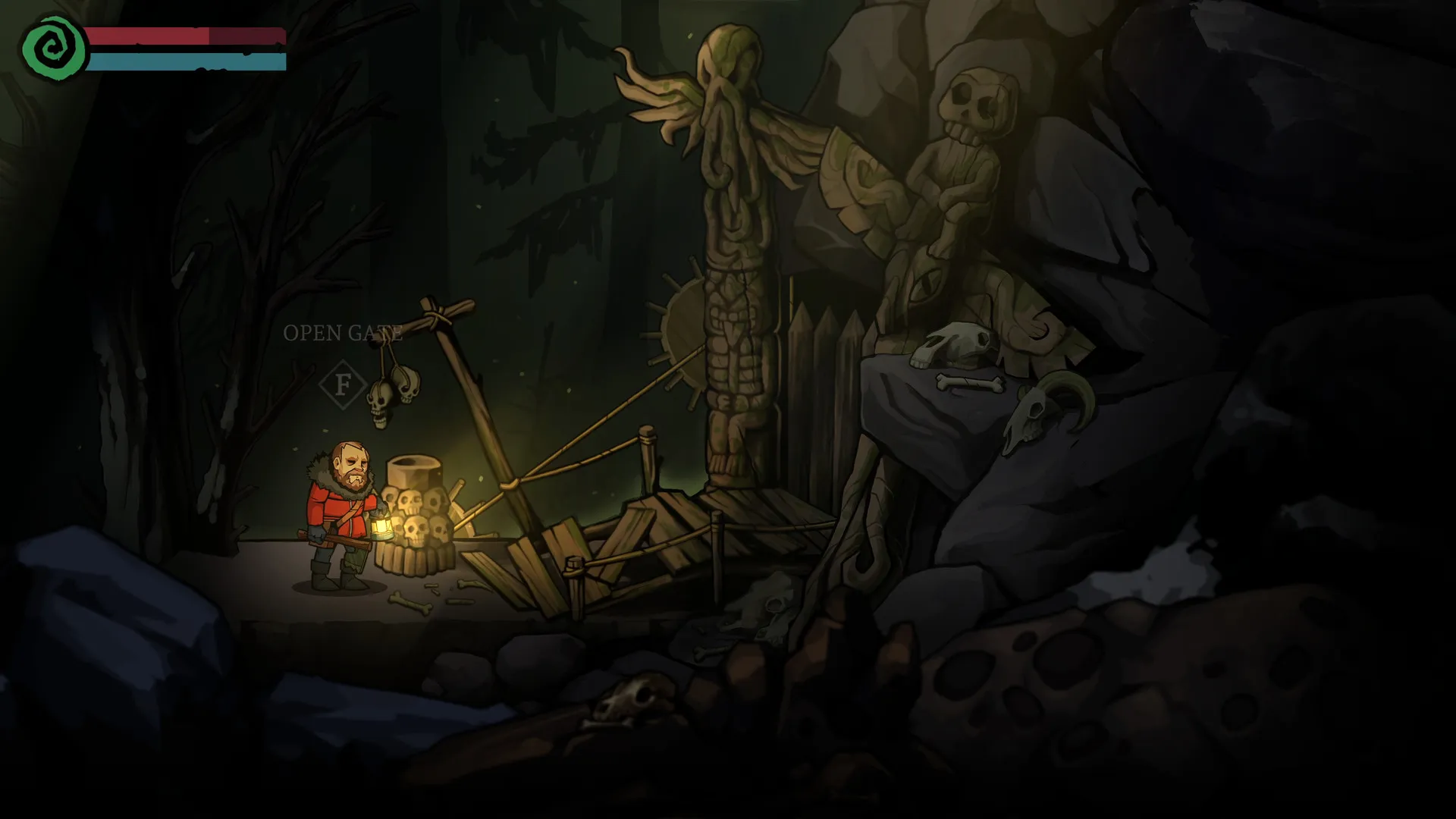 Captura Edge Of Sanity – Explorador Frente A Un Altar Macabro Iluminado Por La Linterna