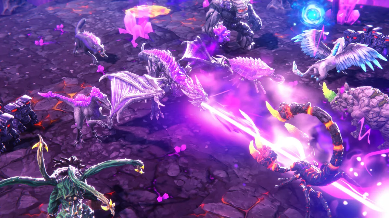 Captura Eldrador Creatures Shadowfall – Batalla Caotica Con Rayos Morados Y Enemigos Oscuros