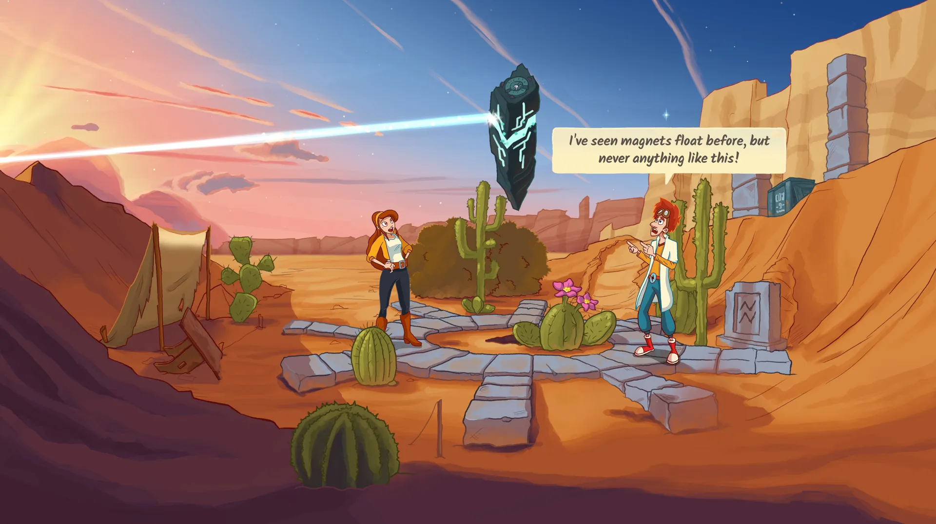 Captura Elroy And The Aliens Dos Personajes Observan Un Artefacto En Ruinas En Un Canon Al Atardecer