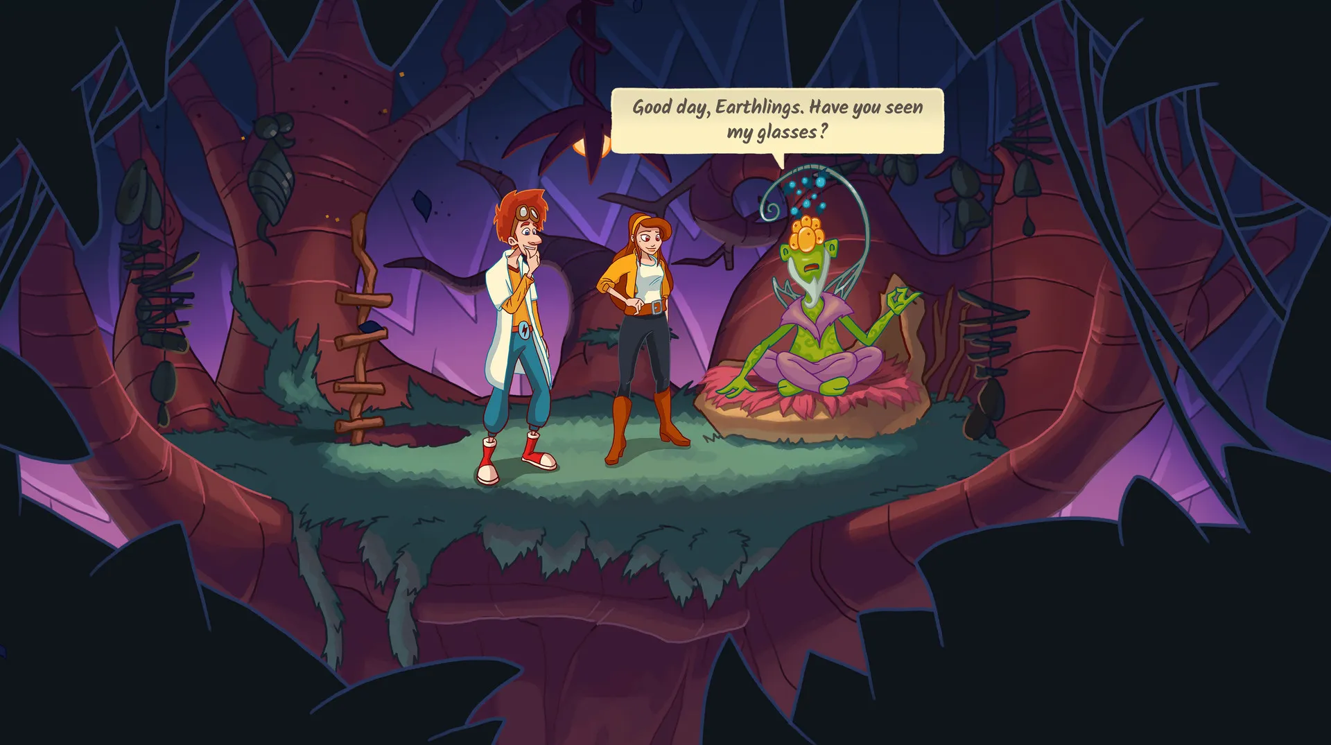 Captura Elroy And The Aliens Escena Dentro De Una Cueva Con Iluminacion Purpura Y Conversacion Activa