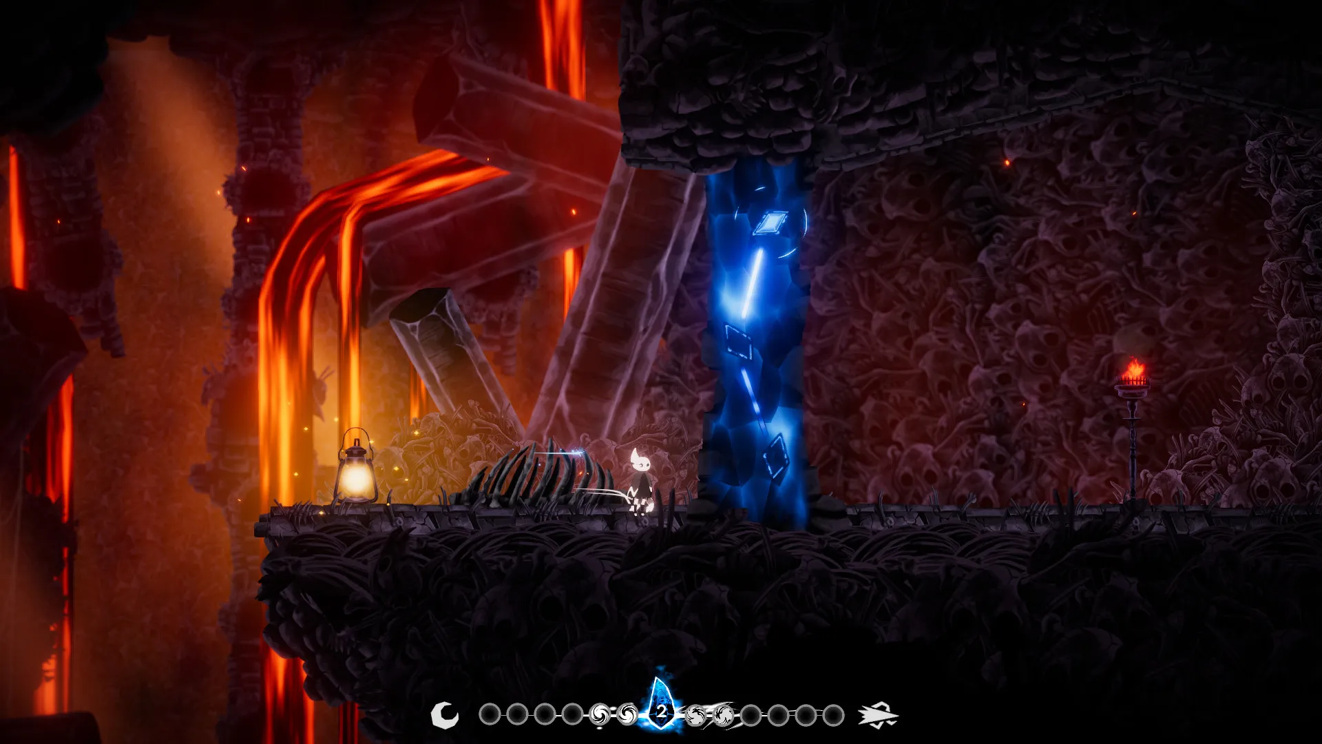 Captura Elypse – Personaje Azul Sobre Una Cornisa Iluminada En Contraste Con El Fondo Rojizo