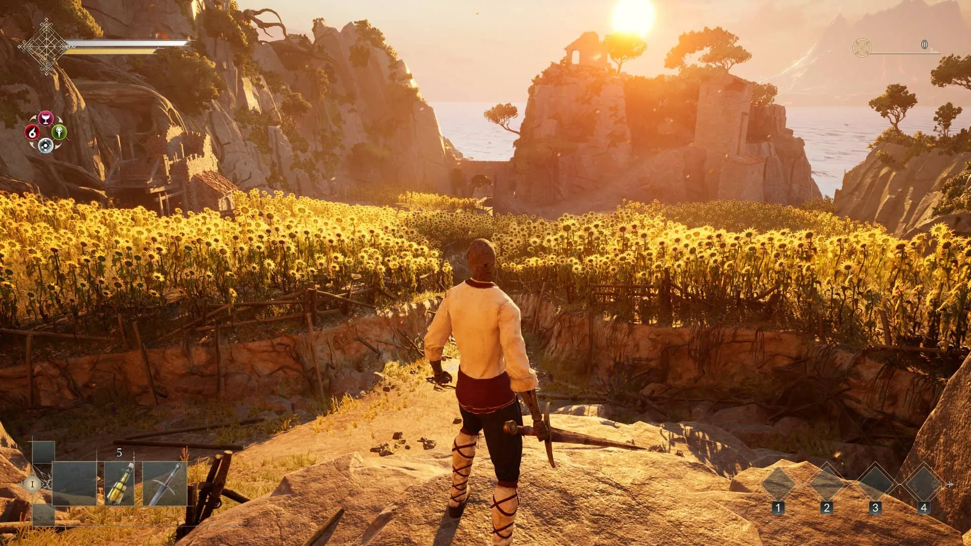 Captura Enotria The Last Song – Hombre En Campo Dorado Con Colinas Iluminadas Por El Atardecer