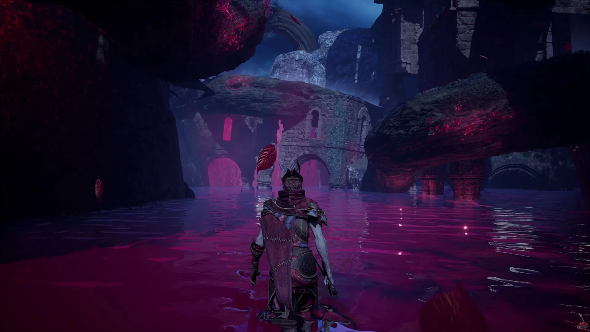 Captura Enotria The Last Song – Protagonista En Zona Surreal Rodeada De Agua Rosada Y Vegetacion Purpura