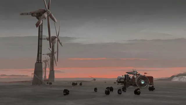 Captura FAR Lone Sails Vehiculo Frente A Molinos Eolicos En Una Planicie Solitaria