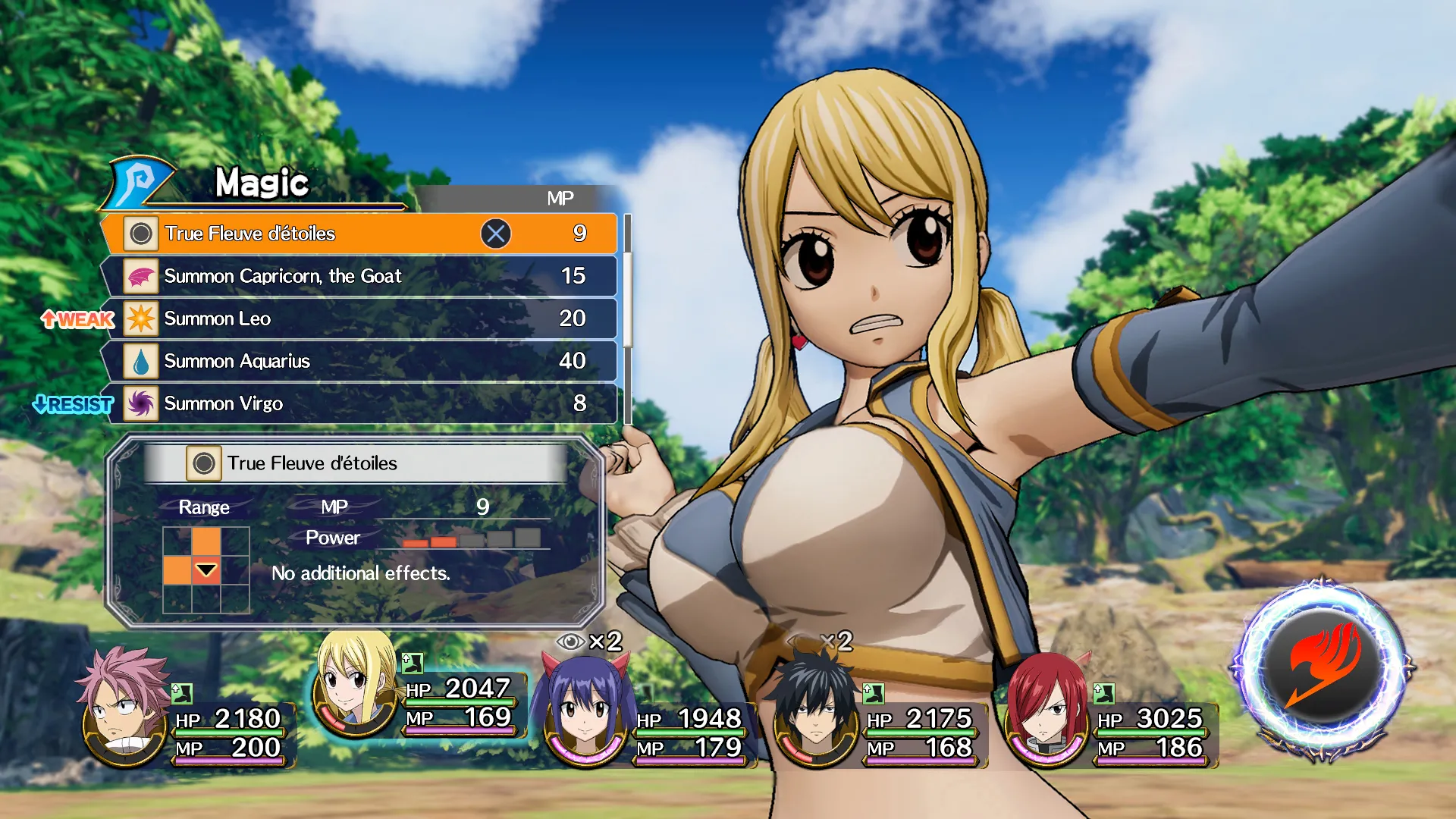 Captura Fairy Tail 2 – Menu De Magia Visible Mientras Lucy Ataca Con Gesto Decidido