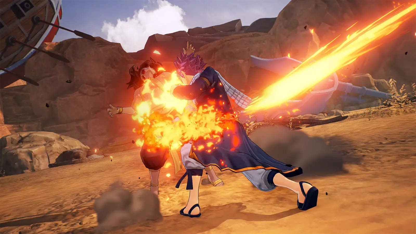 Captura Fairy Tail 2 – Natsu Ejecuta Un Ataque De Fuego En Un Combate Sobre Terreno Arido