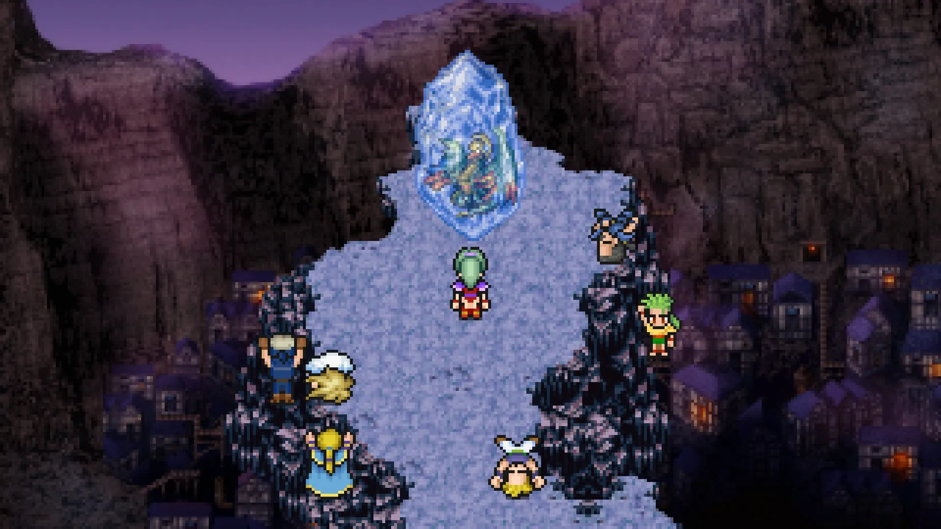 Captura Final Fantasy Pixel Remaster Escena Con Personajes Observando Un Cristal En Una Montana