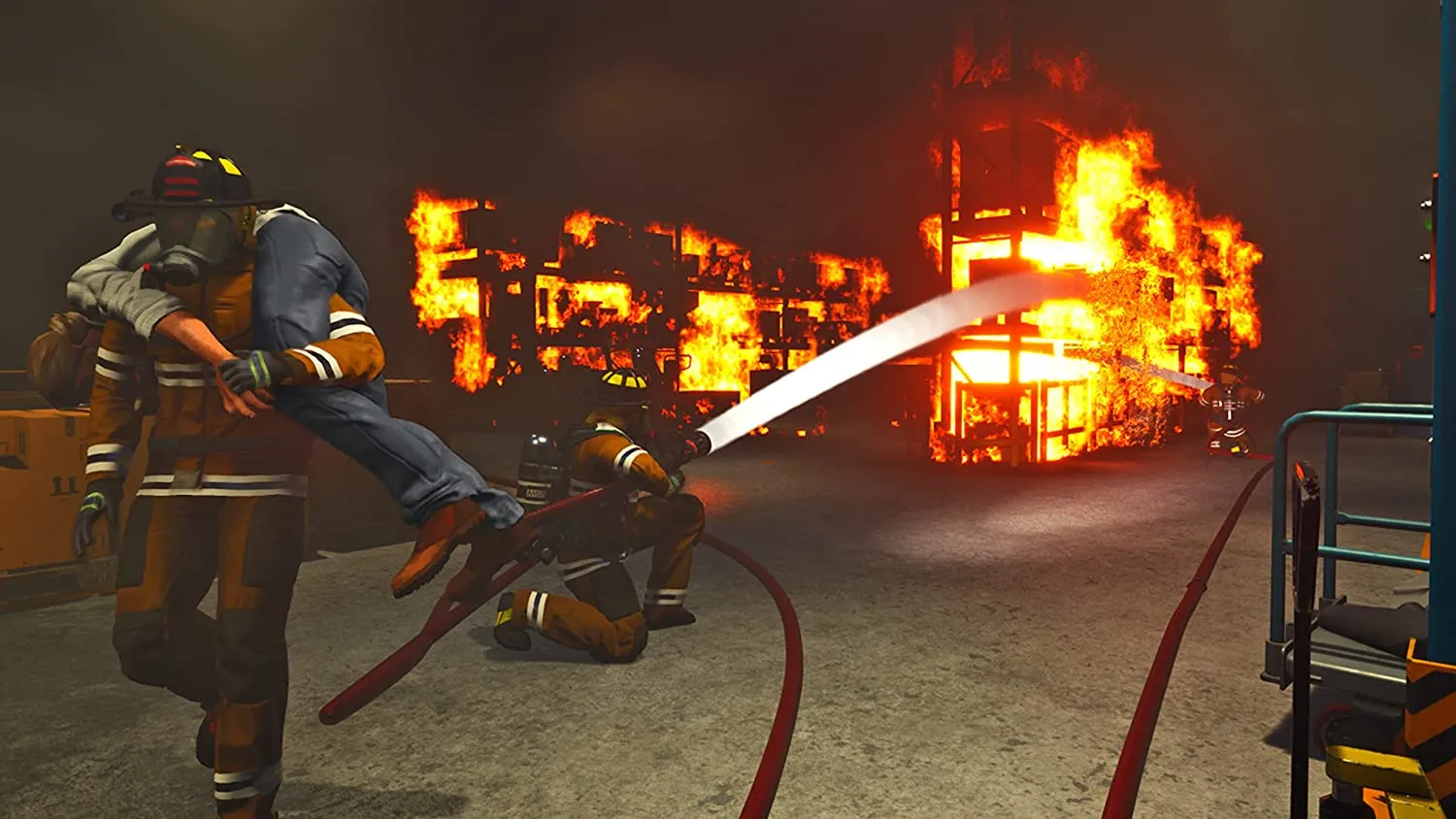 Captura Firefighters The Simulation Un Bombero Lleva A Una Victima Entre Humo Y Fuego Dentro De Una Casa