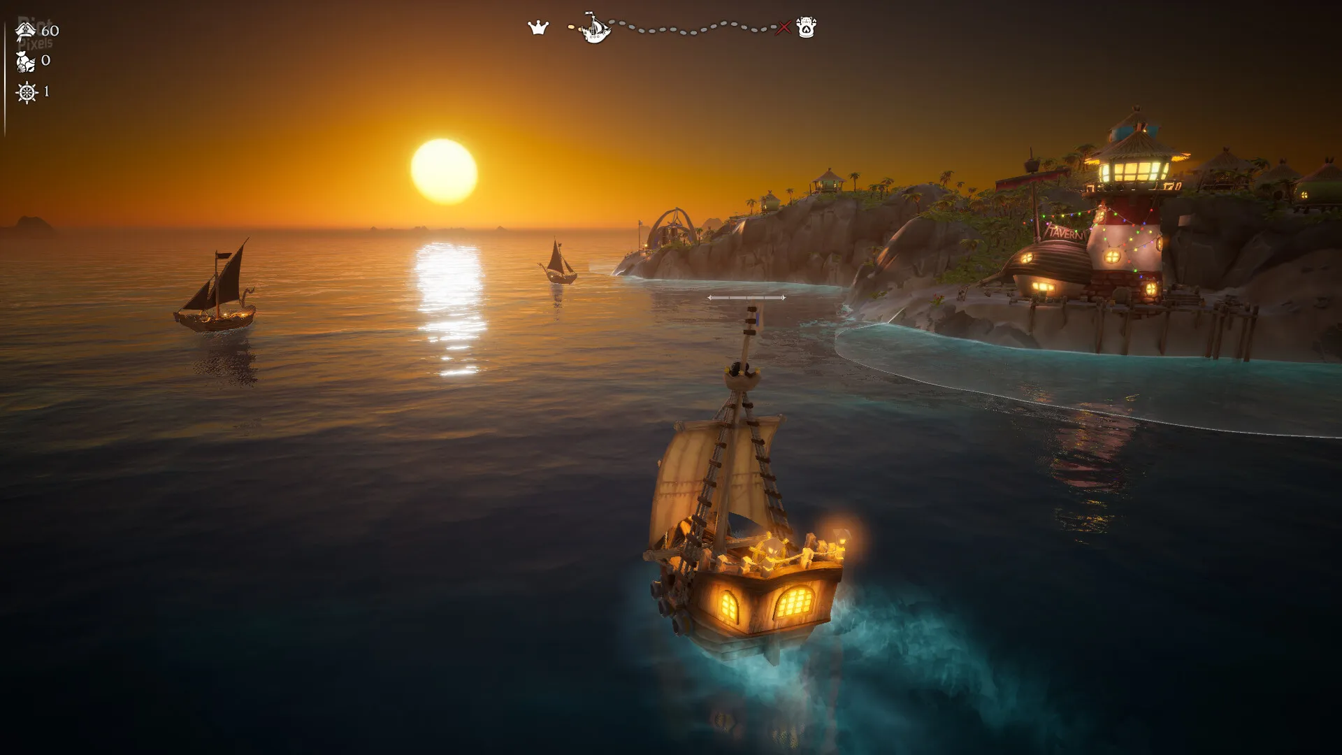 Captura Fluffy Sailors – Barco Iluminado Avanza Hacia Una Costa Al Atardecer