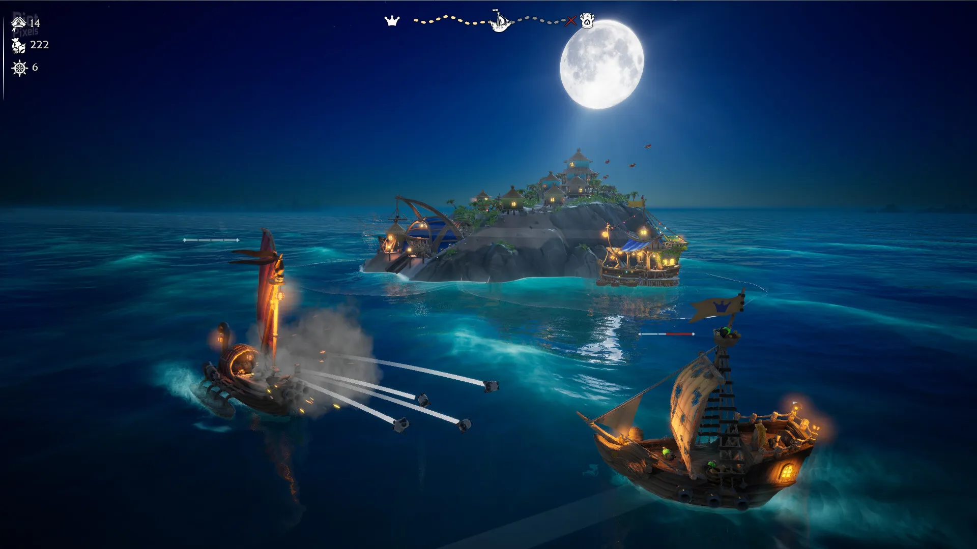 Captura Fluffy Sailors – Escena Nocturna Con Barcos Disparandose Bajo La Luna
