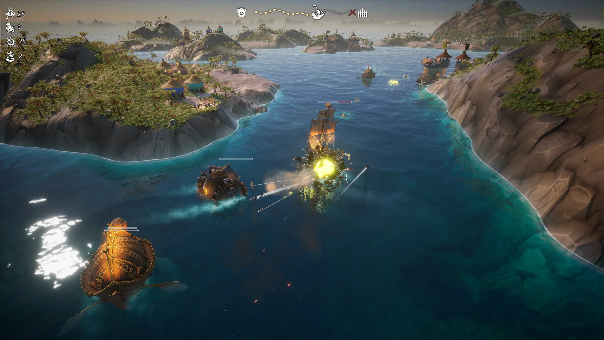 Captura Fluffy Sailors – Vista Aerea De Una Batalla Naval En Una Zona Tropical