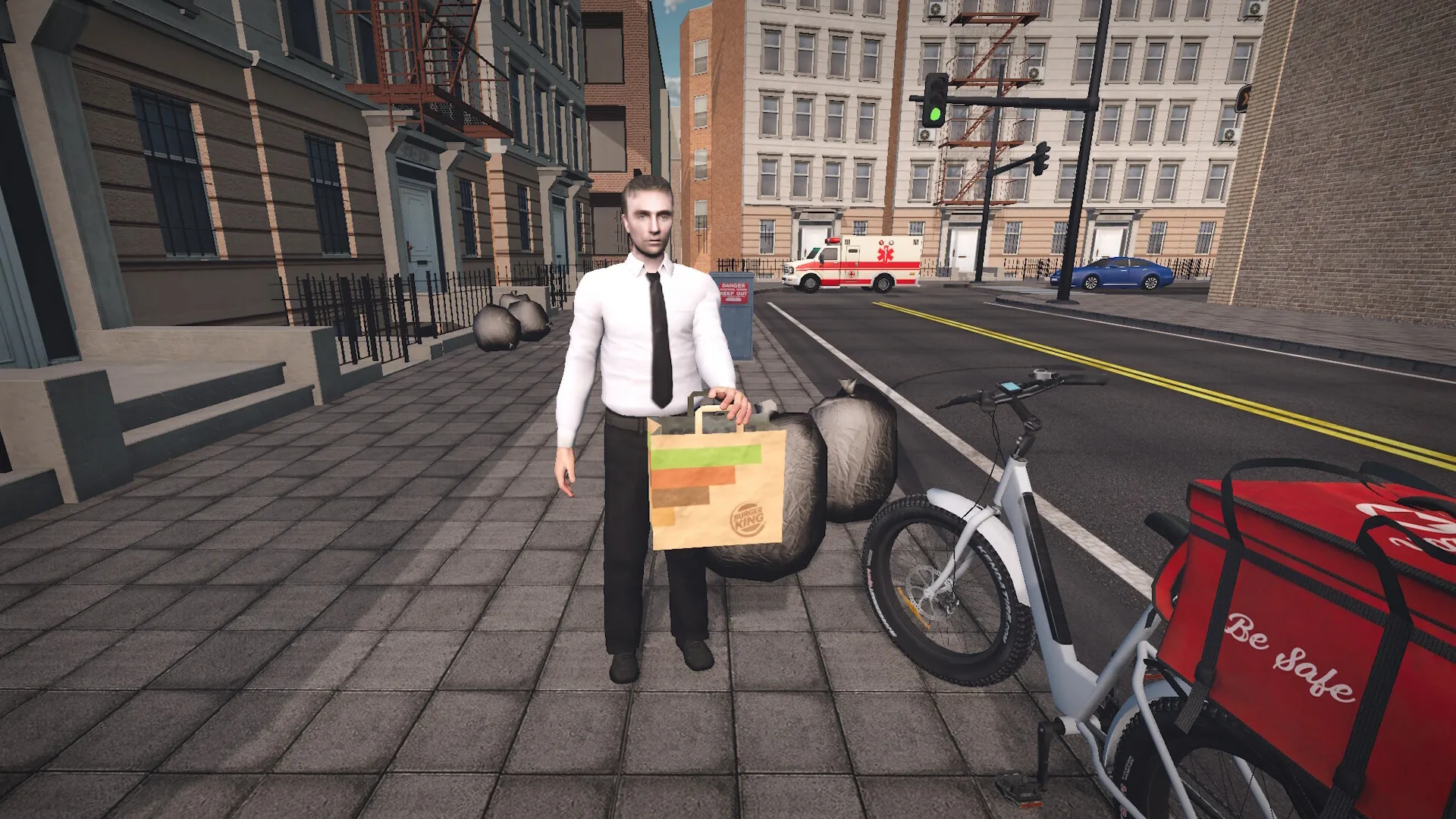 Captura Food Delivery Simulator – Empleado De Entregas Con Caja En La Mano En Plena Ciudad