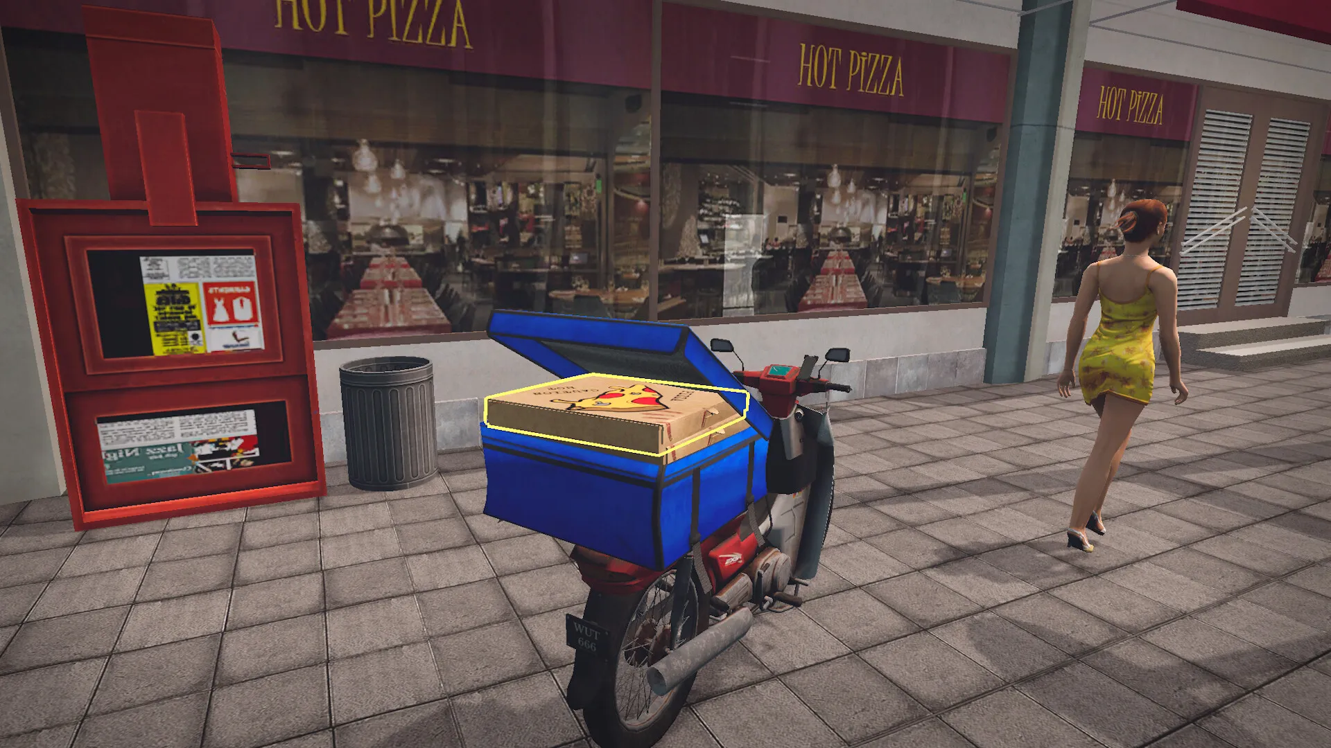 Captura Food Delivery Simulator – Repartidor Caminando Con Mochila Frente A Una Tienda