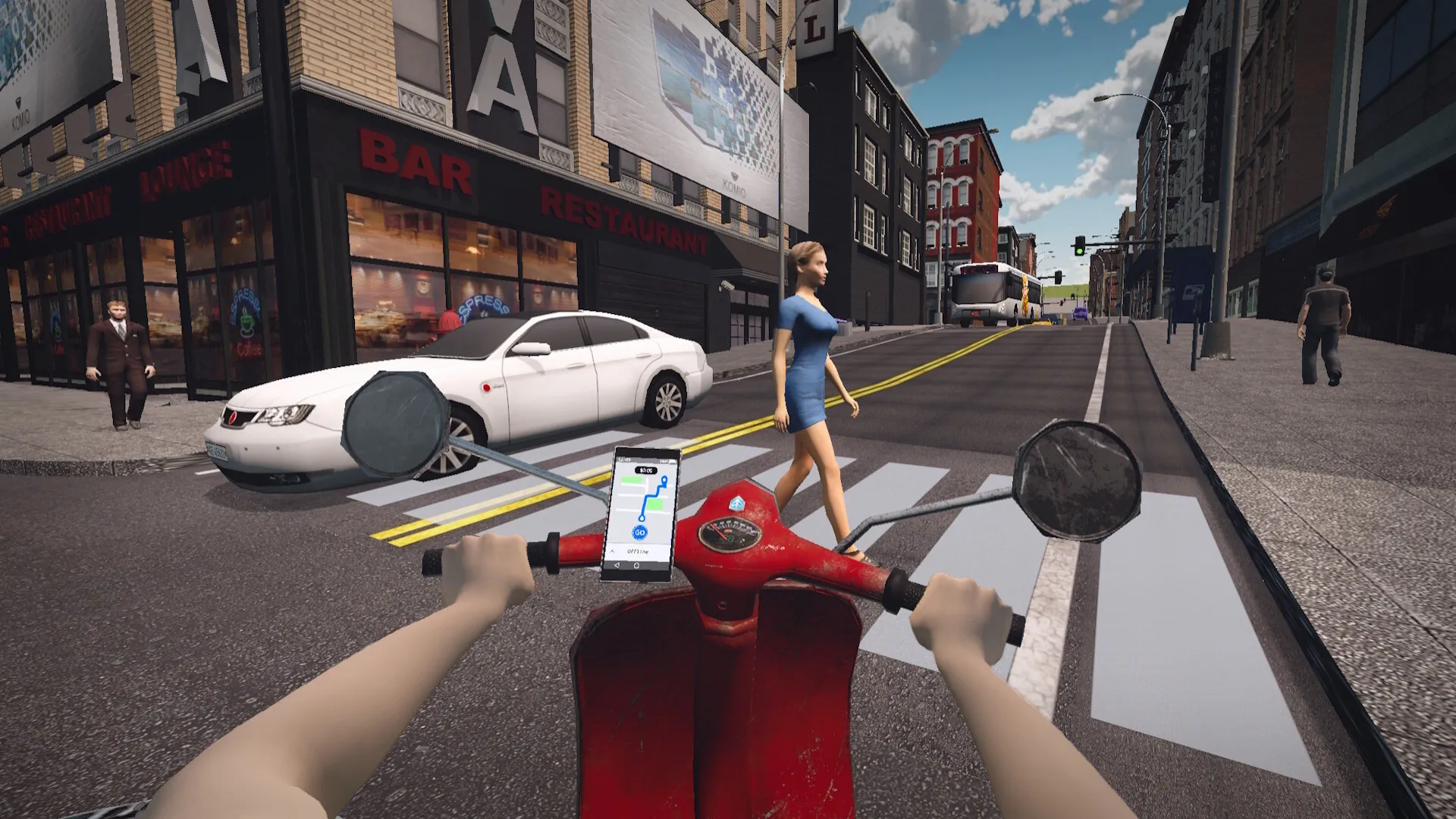 Captura Food Delivery Simulator – Vista En Primera Persona Desde La Moto En Plena Entrega