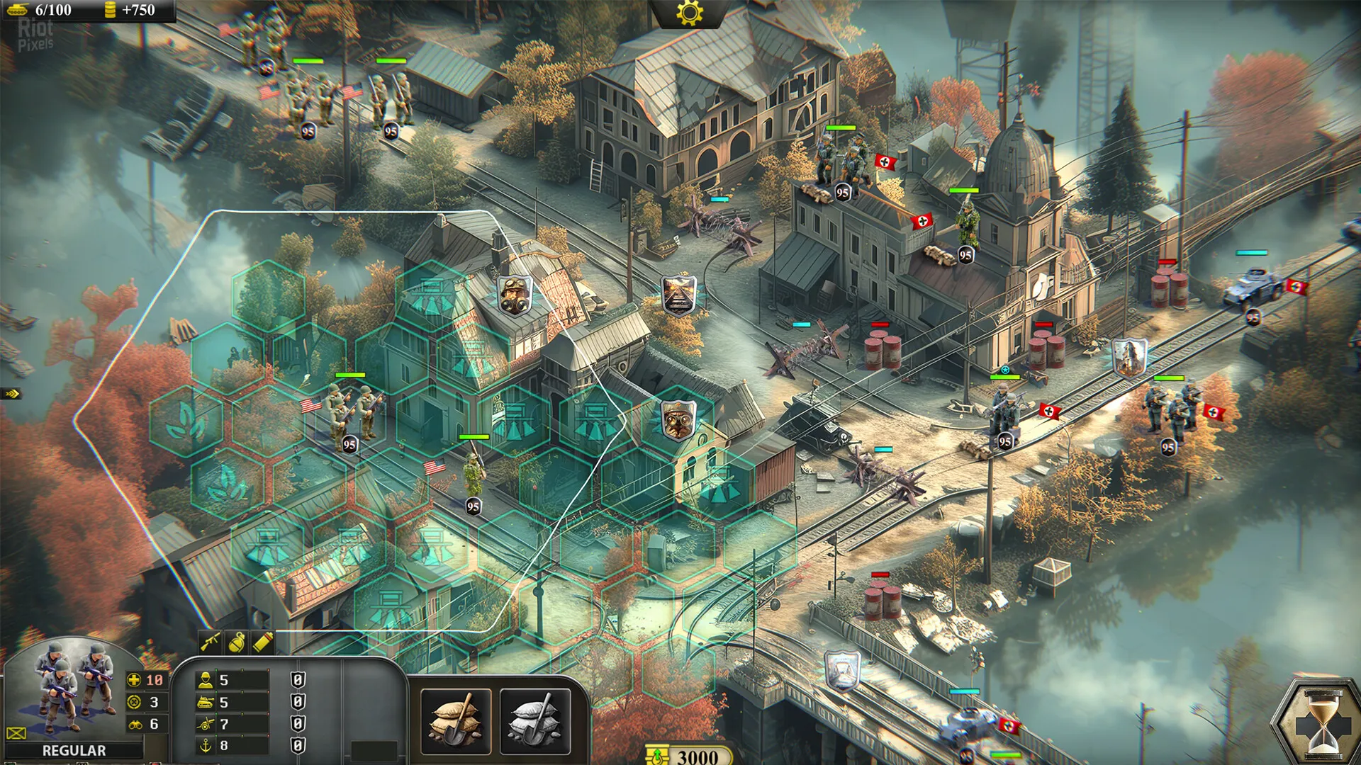 Captura Frontline Assault Corps WW2 – Interfaz De Combate Con Multiples Unidades Moviendose En Ciudad