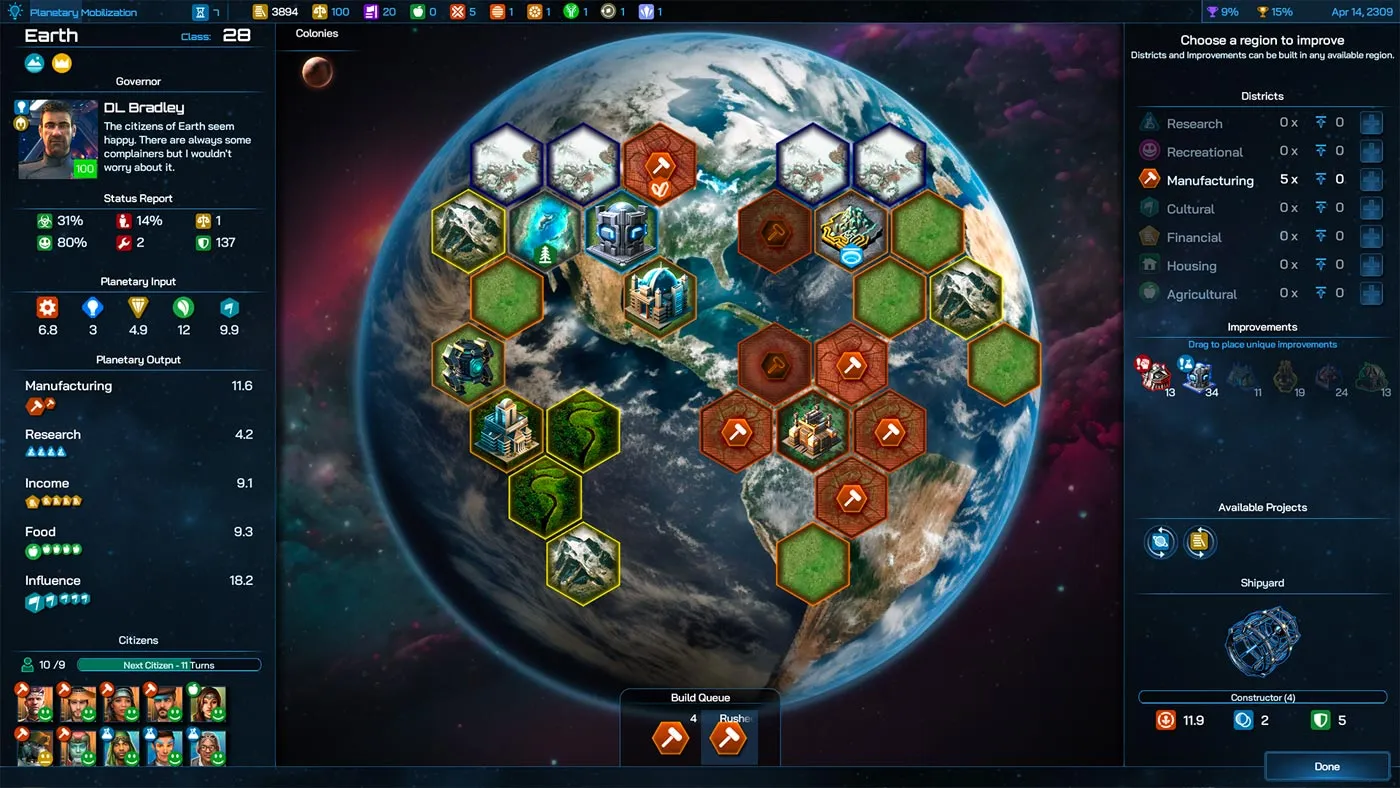 Captura Galactic Civilizations IV Supernova – Vision Global De Un Planeta Con Territorios Y Paneles De Recursos