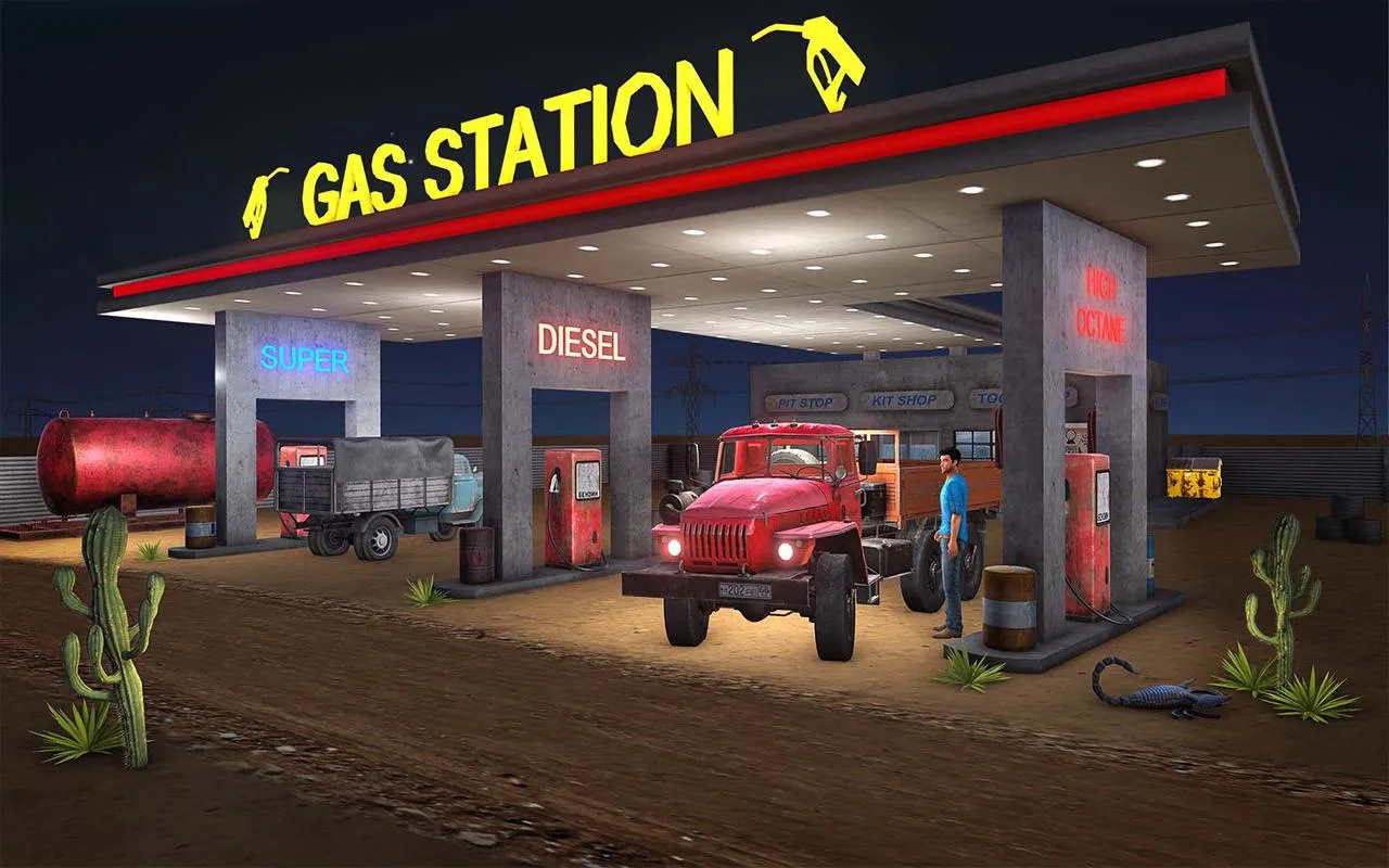 Captura Gas Station Simulator – Estacion De Gasolina Moderna Iluminada De Noche Con Varios Vehiculos